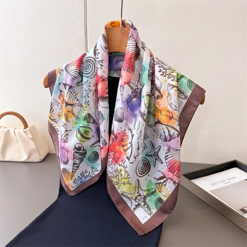 Women Satin Small Square Scarf Ocean Seashell Starfish Print Silk‑feeling Kerchief Multi‑purpose Summer Neck Head Wrap Accessory