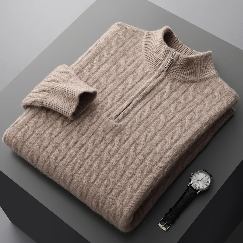 Men\'s 100% merino wool solid color twisted round neck business casual loose autumn and winter new knitted cashmere sweater top.