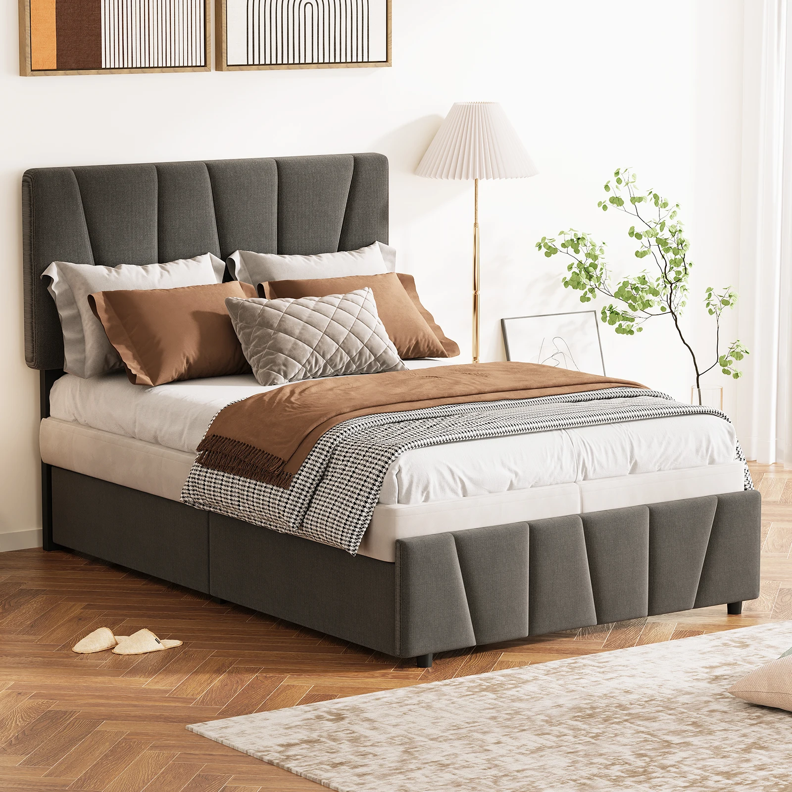 Twin Size Bed Frame, Linen Upholstered Platform Bed Frame with 2 Storage Drawers and Adjustable Headboard, Wooden Slats Supports Bed Base, No Box Spring Needed, Dark Grey