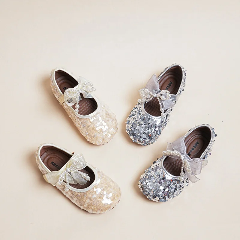 Girls Silver Glitter Flats Student Soft Sole Princess Shoes 2026 Autumn Fashion Mary Janes Sweet Shallow Cute Casual Shoes