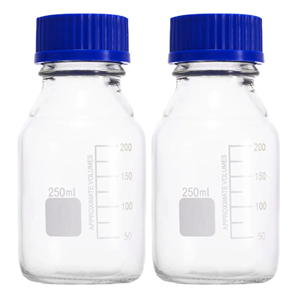 

2 шт. стеклянные реагентные бутылки объемом 250 мл с широким горлышком, градуированные емкости для хранения, для лабораторных образцов, пробирки для смешивания жидкостей и растворов