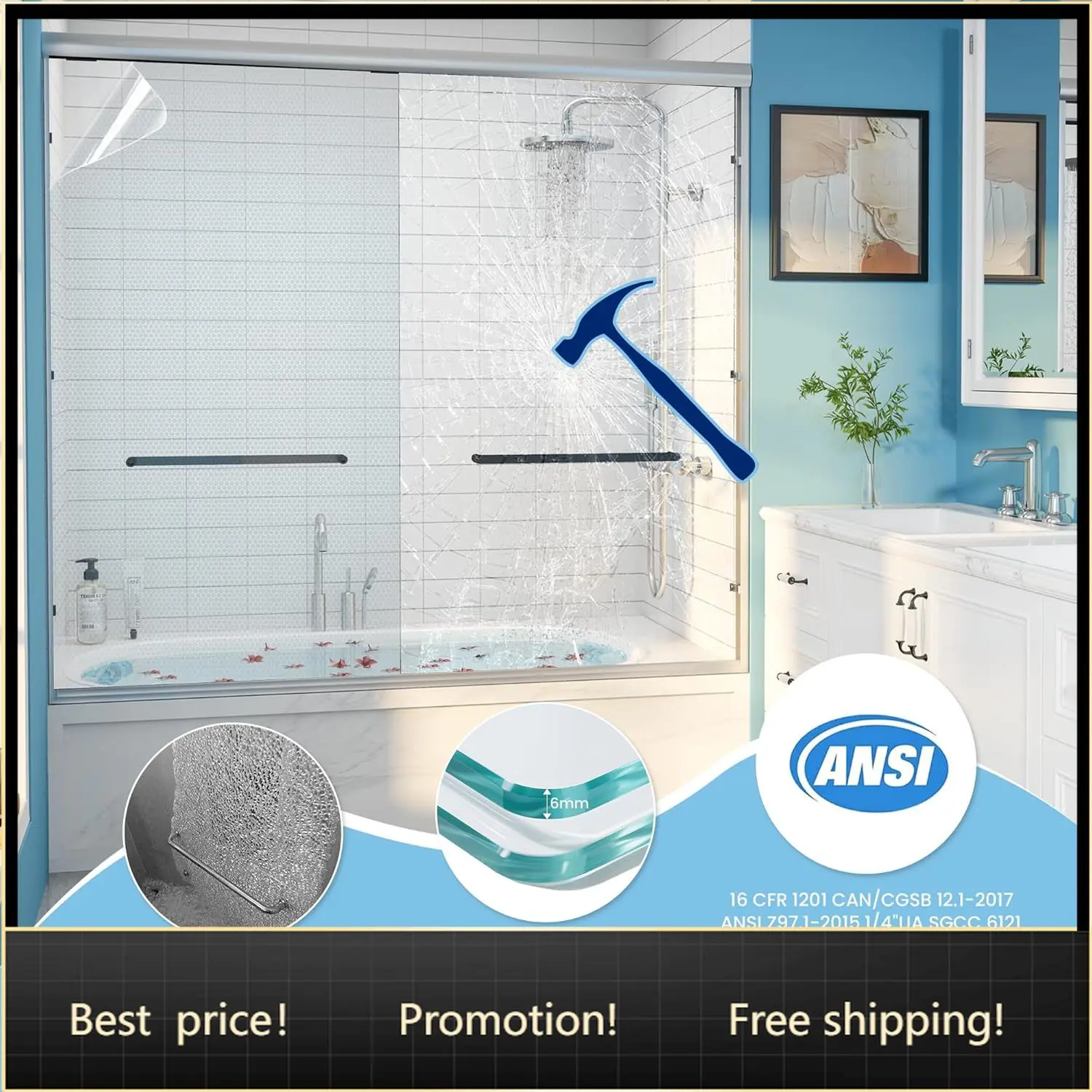 

Tub Glass Shower Door, 56-60" W x 57" H Sliding Shower Door, Aluminum Semi-Frameless & 1/4"(6mm) Clear Tempered with Explosion-P