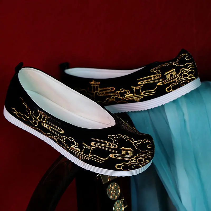 chinese ancient gold embroideried hanfu shoes summer unisex casual flat cloth shoes adult team performance match kungfu shoes