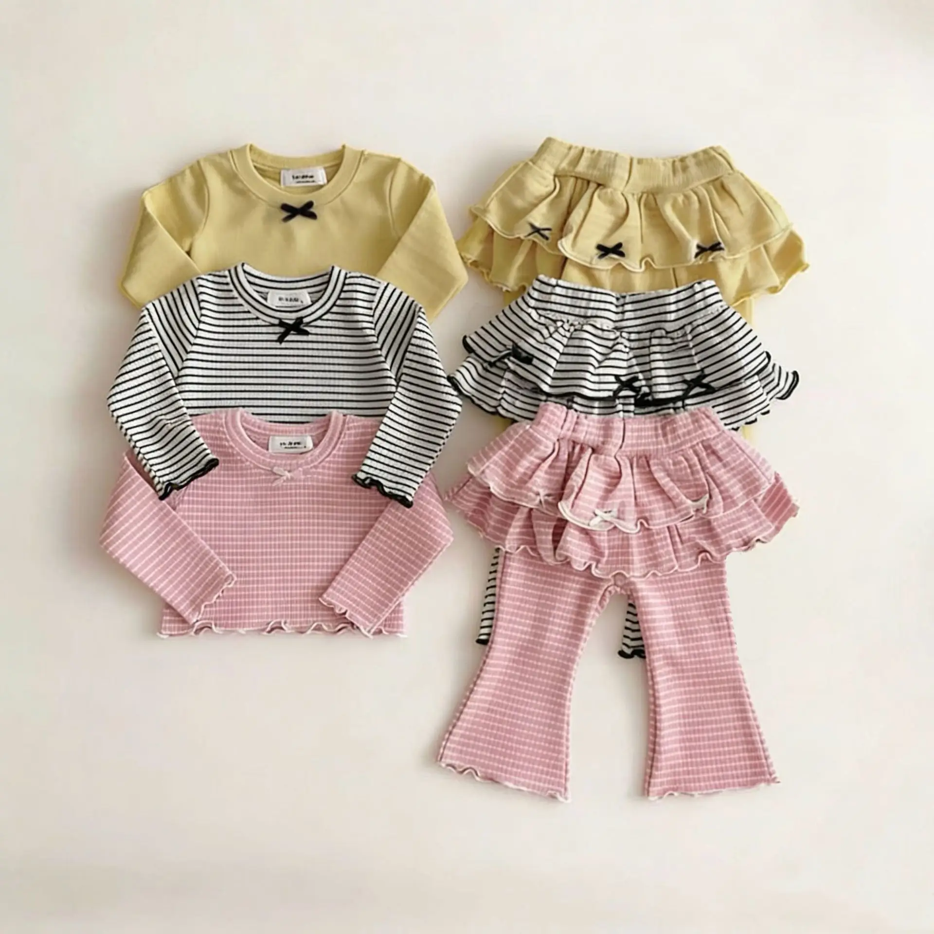 2026 Spring New Children Long Sleeve Clothes Set Girls Striped Tops + Cute Lace Flared Trousers 2pcs Suit Kids Cotton Outfits