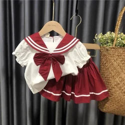Baby Girls Summer Clothes Sets New Kids Girls Fashion Navy Collar Bow T-shirt Tops Pleated Skirts Dresses Sets Children Clothing