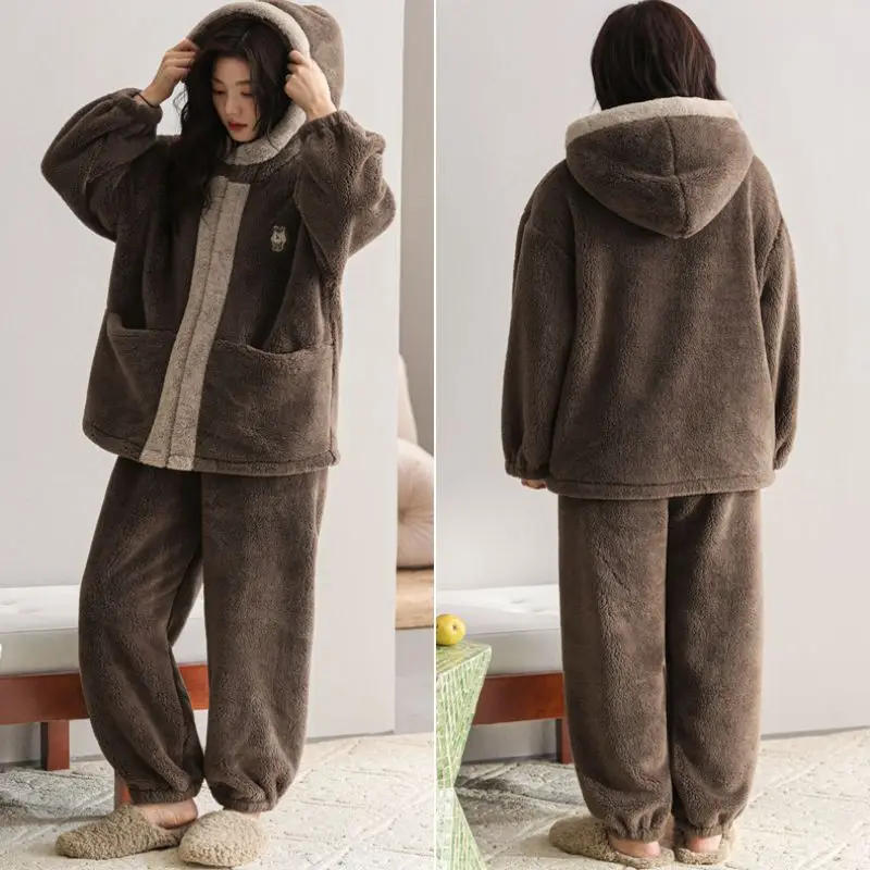 Hooded New Amber Streamer Pajamas Women's Autumn and Winter Coral Fleece Loungewear Can Be Worn Outside Thickened Fleece Suit