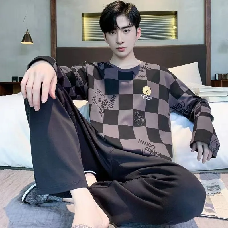 Plus Size Men Pajamas Cartoon Long Sleeve Trousers Student Sleepwear Loungewear Two-Piece Set Round Neck Striped Homewear