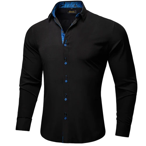 Imagen 2 del producto Camisa de algodón y poliéster para hombre, ropa elegante de manga larga, color negro sólido, azul, Paisley, Patchwork, Social, informal