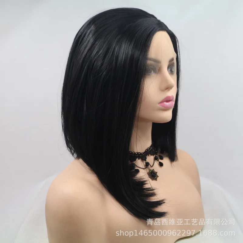 Hand-woven lace front natural color short hair wig for women, free-parting high-temperature synthetic hairpiece