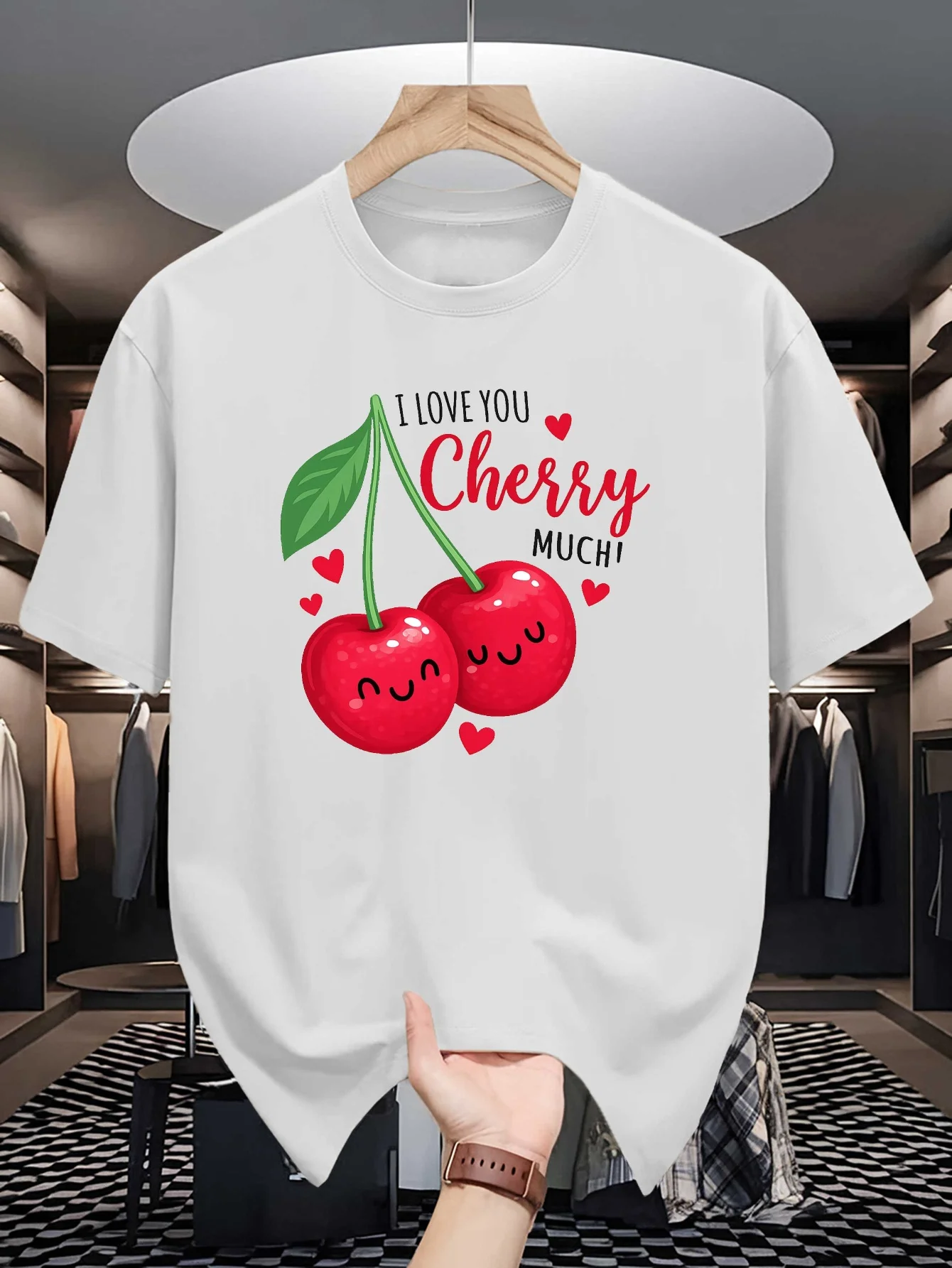Mens I Love You Cherry Much Graphic Tee Cute Cherry Fruit Heart Print O Neck Short Sleeve Cotton Casual Tops For Fruit Lover Men