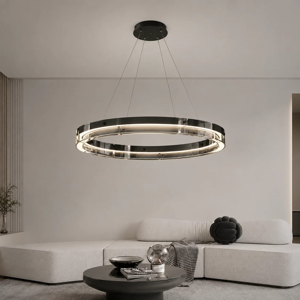 Modern Ring LED Chandelier 80cm Diameter Metal & Glass Pendant Light 3 Color Temp for Living Room Dining Room
