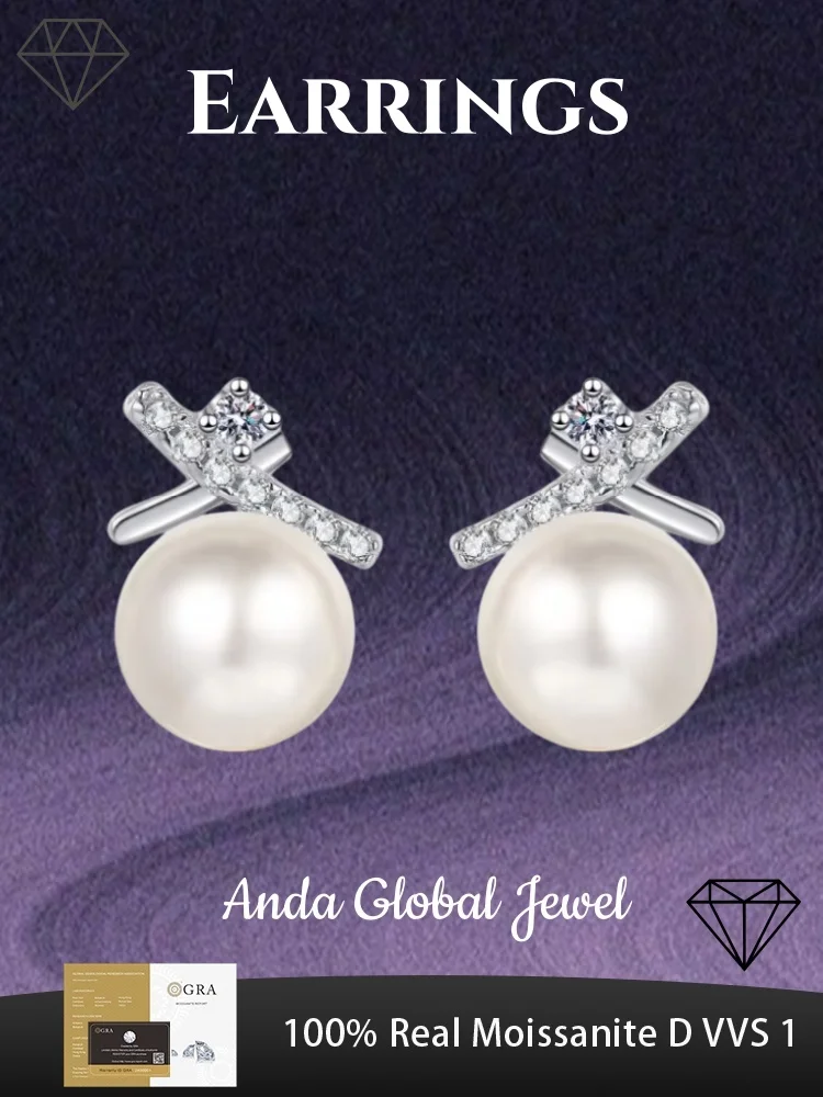 

Moissanite 925 Sterling Silver Earrings with Pearl Cross Design, Simple Earrings Suitable for Women's Daily Dressing and Dating