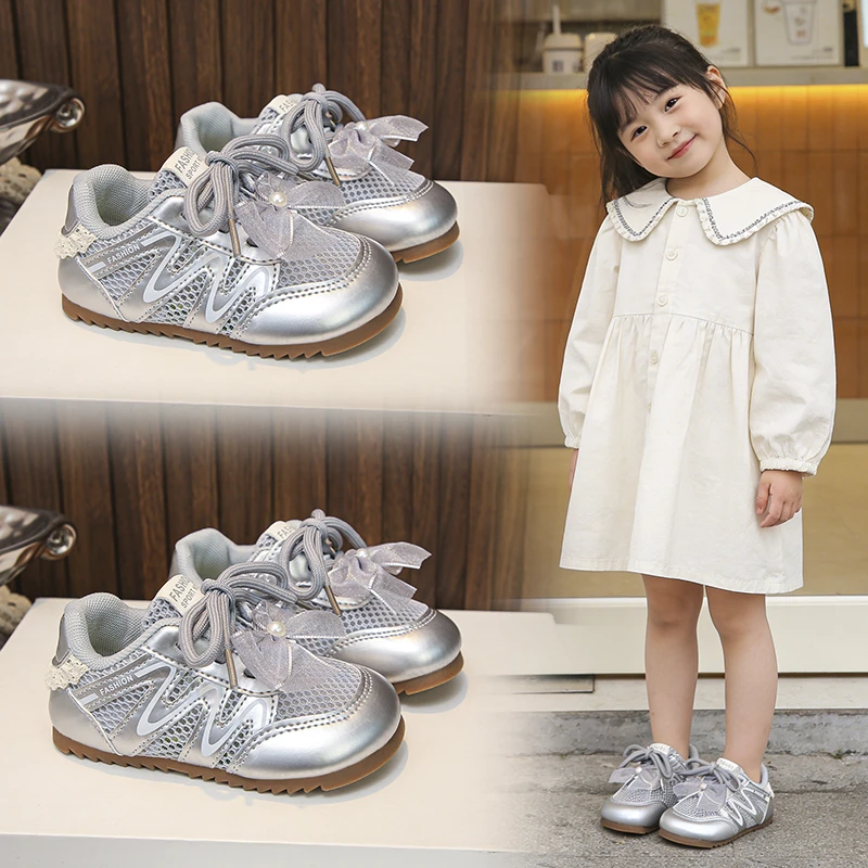 

YUYIN Fashion Casual Shoes 2026 Spring Summer New Children's Sports Shoes with Ribbon Bow Mesh Breathable Non Slip Soft Bottom
