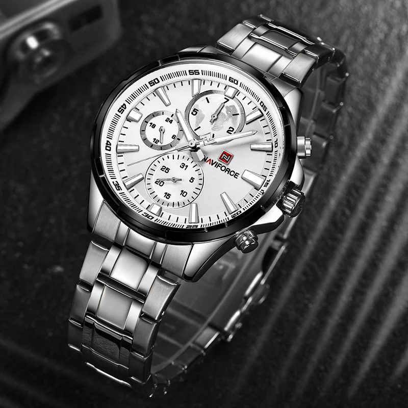 Casual Fashion NAVIFORCE Men Quartz Watch with 24 Hours Display Clock Stainless Steel Waterproof Business Sliver Male Wristwatch