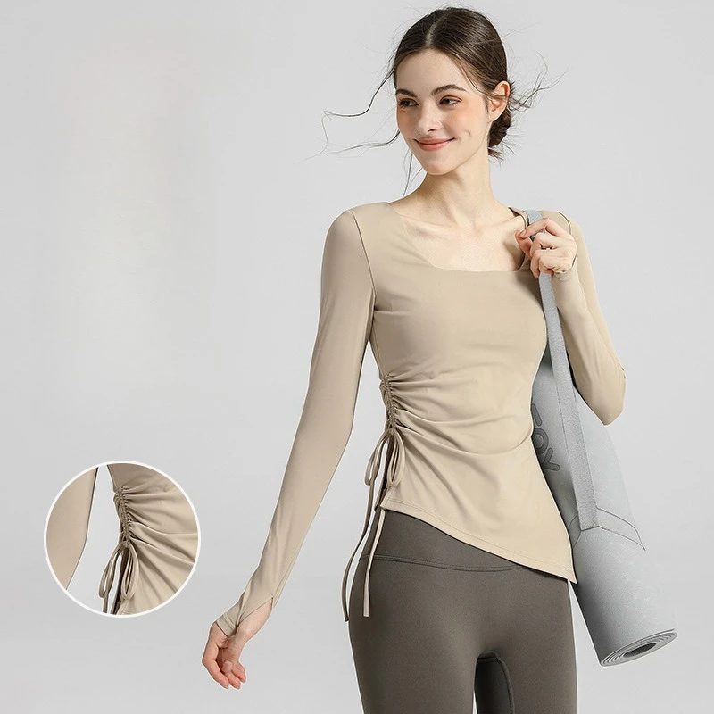 

Women Long Sleeve Sports Shirts Yoga Top Side Pleated Slit Long Shirt Fitness Loose Blouse Workout Running Sportswear Gym Outfit