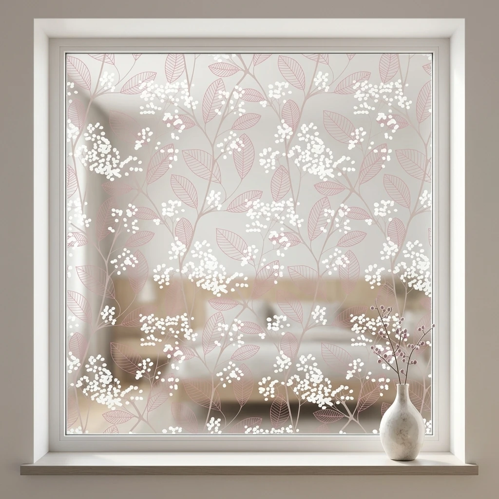 Pink Leaf & White Flower Self-Adhesive Window Film Privacy Frosted Glass Decorative Tint for Bathroom And Bedroom