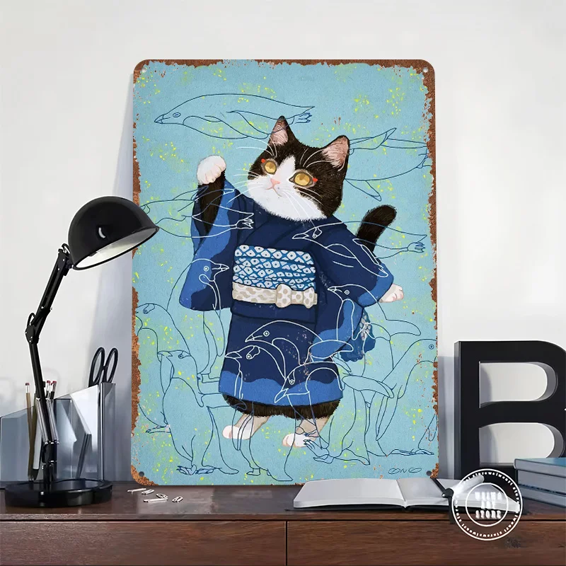 Cat in Kimono With Penguins Personalized 3D Textured Metal Poster Wall Art Vintage Tin Signs for Decoration At Home Decor Items