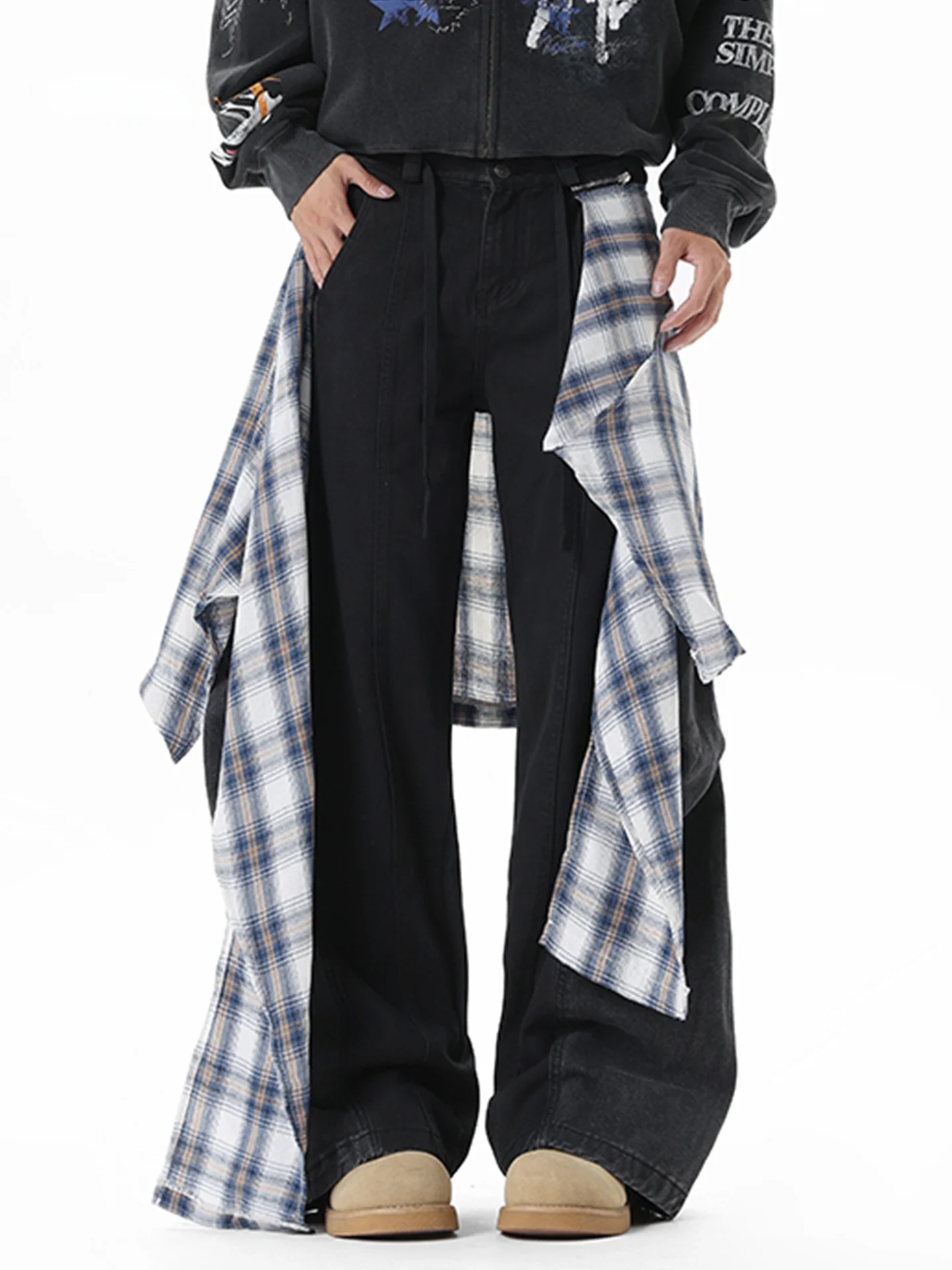 

American High Street Plaid Detachable Straight Leg Jeans Men's Spring Autumn Sle Waed Versatile Cleanfit Pants
