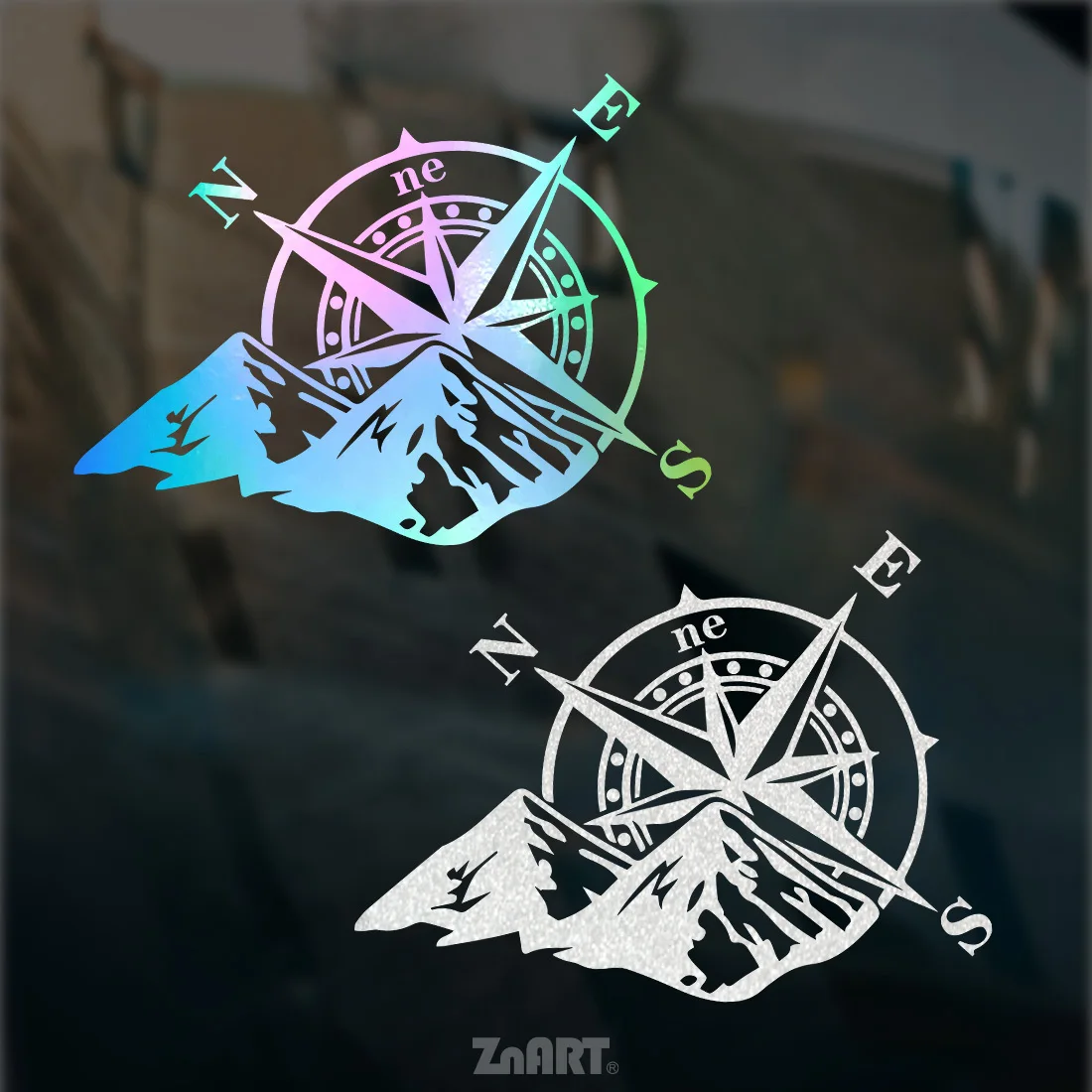 1pc Compass & Mountain Shape Creative Reflective Vinyl Sticker, Sparkling Bright Decal for Car, Truck, Motorcycle, Notebook