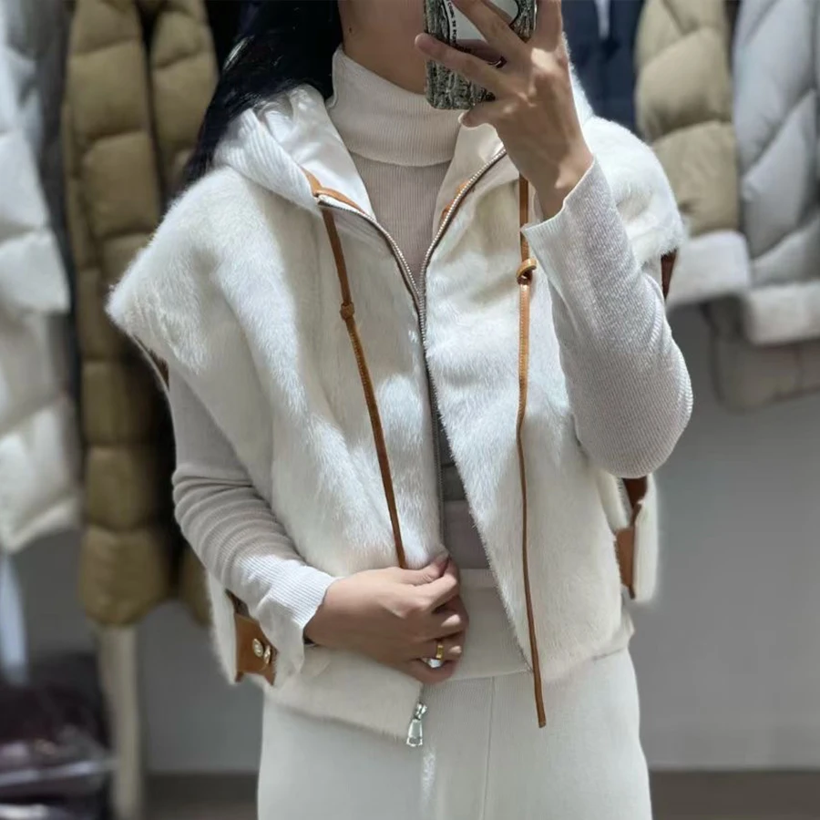 Doudoune courte avec capuche pour femme, veste en vraie fourrure de vison, bouffante en fourrure naturelle blanche, vêtements d'extérieur en fourrure véritable de haute qualité