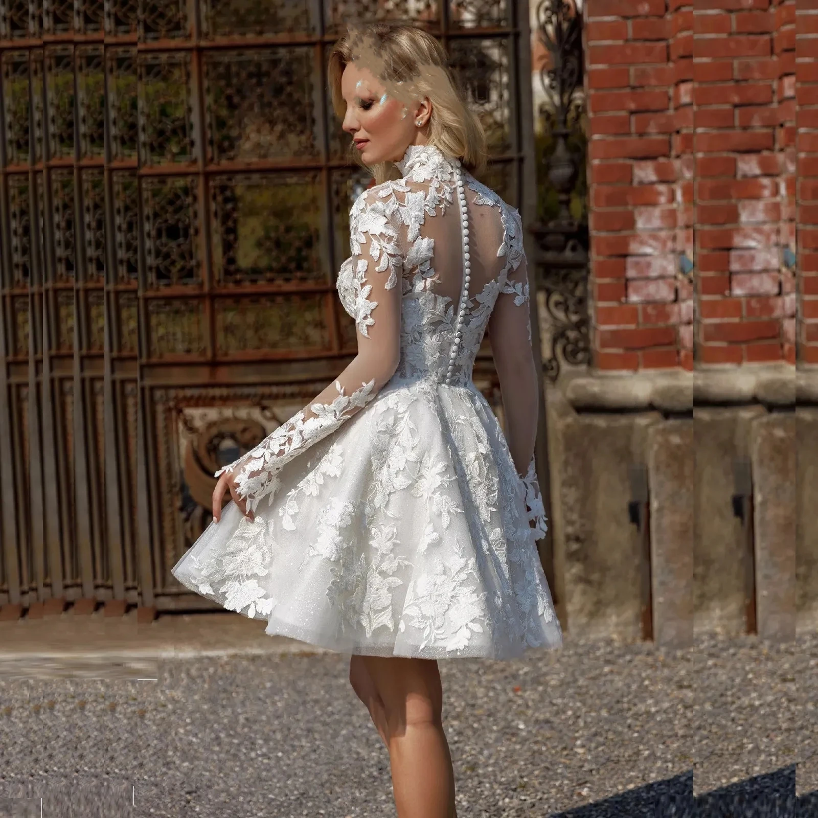 Robe de mariée en dentelle à manches longues, luxe, ligne A, appliques, col haut complet, robe de mariée sexy, robe de soirée de mariée personnalisée, 2024