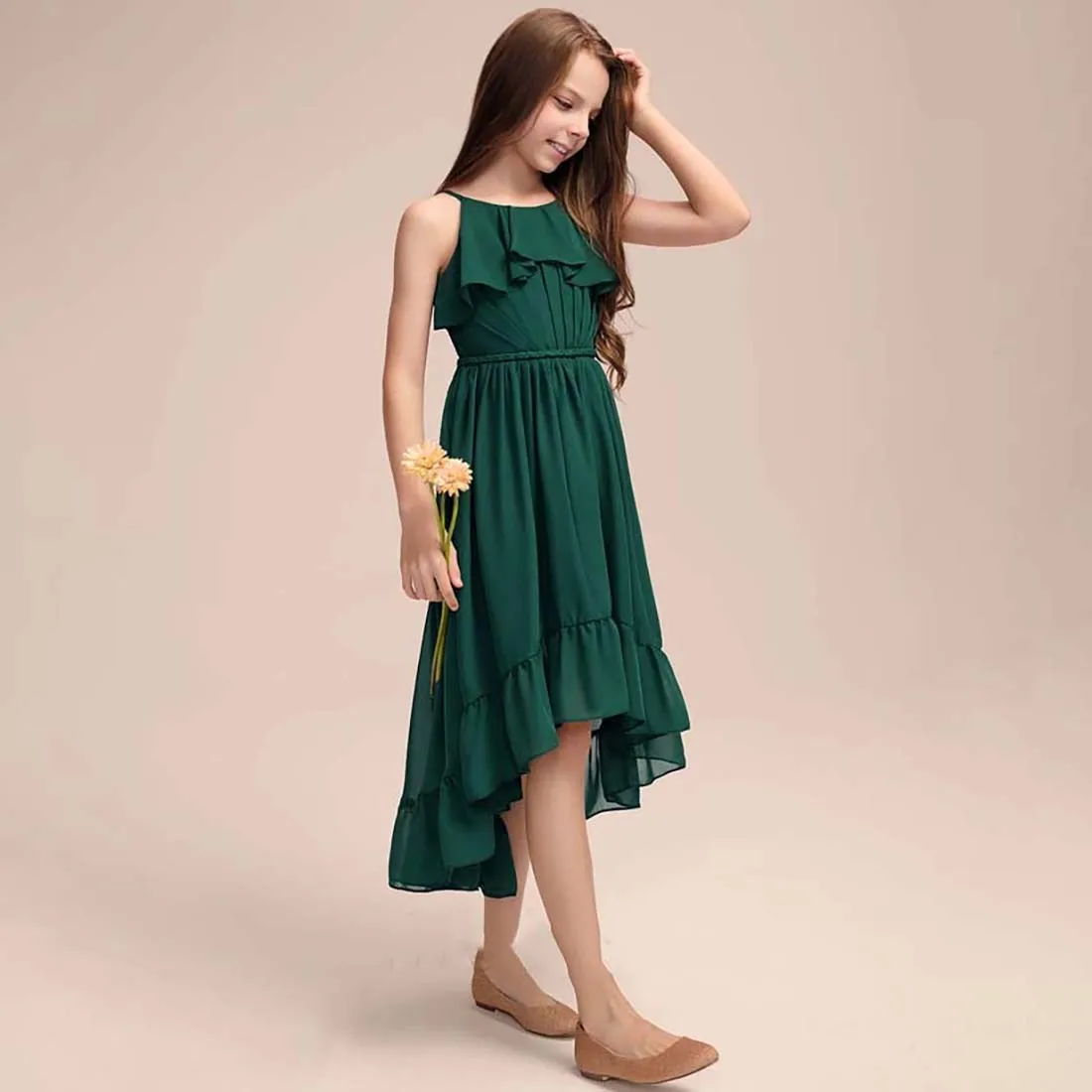 YZYmanualroom Chiffon Junior Bridesmaid Dress With Cascading Ruffles A-line Scoop Asymmetrical 2-15T