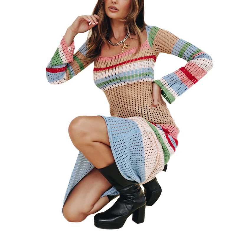 Women Casual Knit Crochet Long Dress Striped Long Sleeve Hollowed Color Block Bodycon Street Party Midi Dress