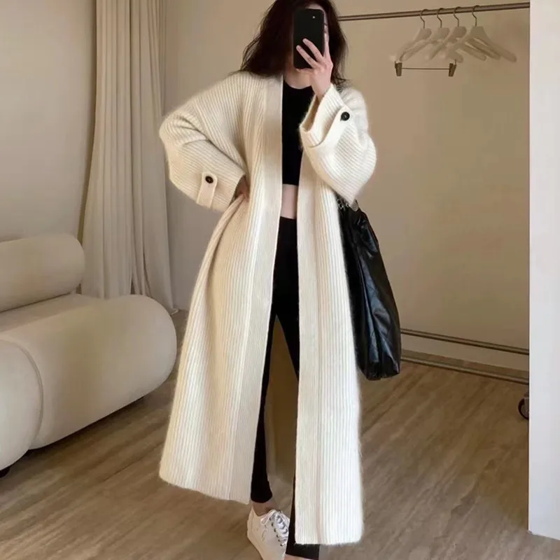 

Korean Sle Long Knitted Sweater Coat Autumn Winter Lazy Sle Knee-Length Midi Cardigan Loose Faionable Women's Knitwear