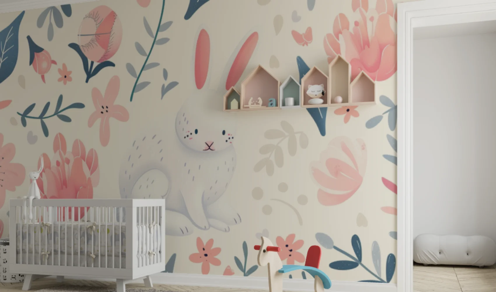 Custom size mural hand-painted cartoon cute rabbit flower wallpaper pink flower decoration painting princess room tiled murals