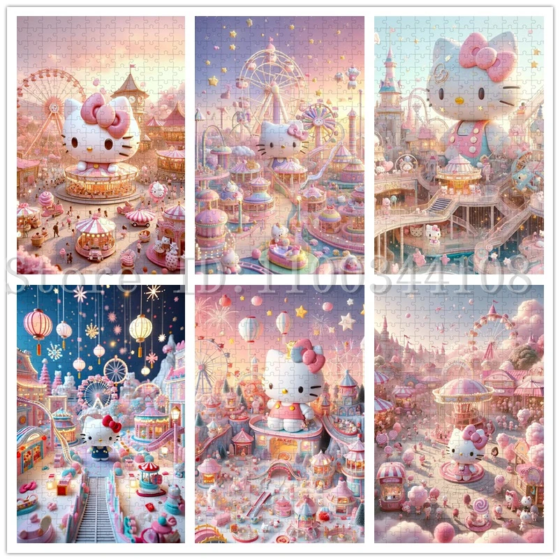 300/500/1000 Pieces Hello Kitty Cartoon Puzzles Sanrio Character Jigsaw Puzzles Parent-Child Interactive Game Toys