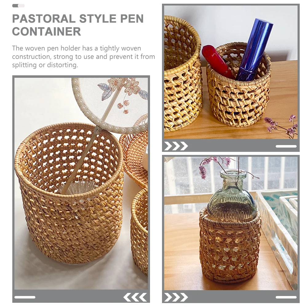 

Woven Pen Holder Rattan Pencil Organizer Large Capacity Desktop Storage Bucket For Office School Craft Makeup Brush