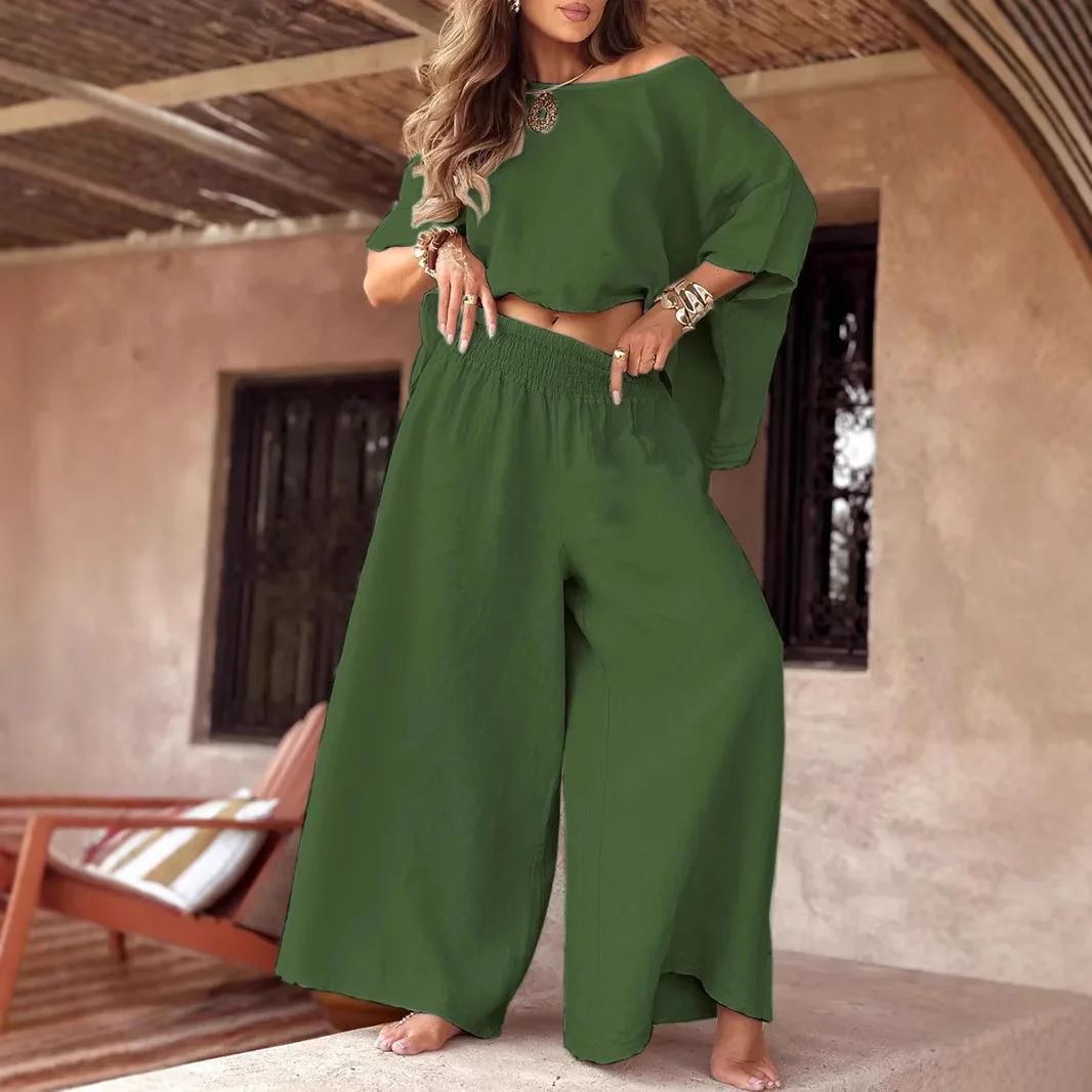 2025 cor sólida casual solto em torno do pescoço fora do ombro verão terno feminino festival outfit