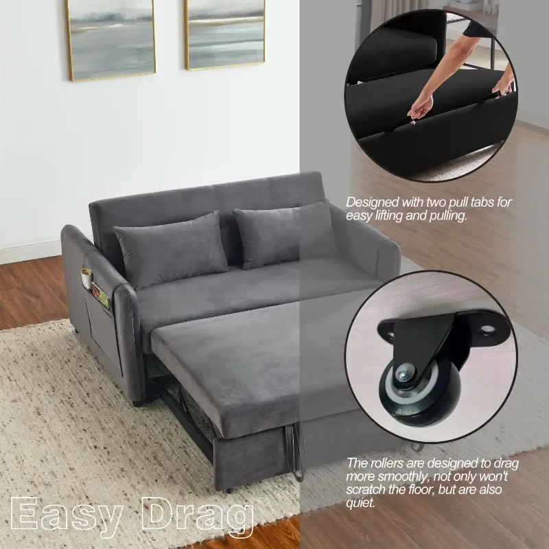 Sleeper Sofa Bed Convertible Pull Out Bed with Adjustable Backrest Soft Velvet Loveseat For Living Room - Gray