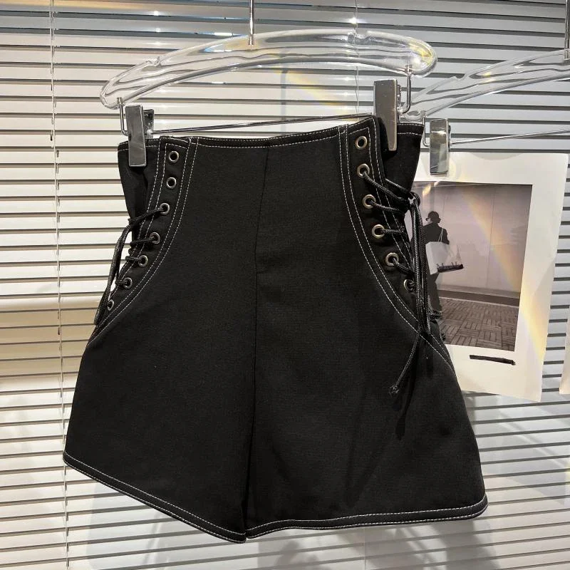 Women's Fashion High Waist Zipper Design Shorts Trendy Casual A-line Side Straps Short Pants Female Spring New