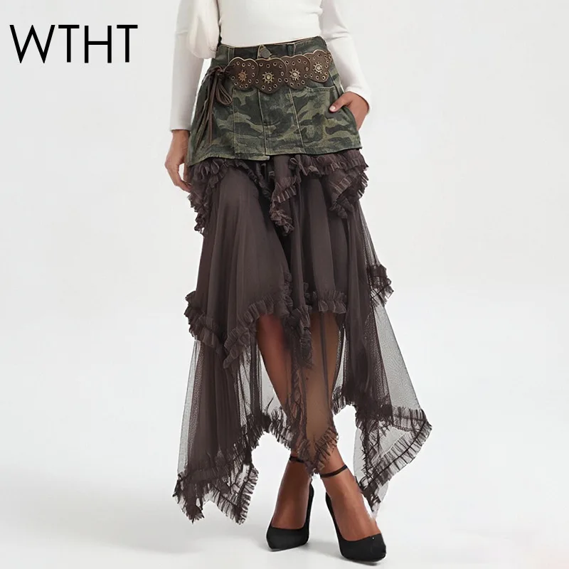 

WTHT New Trendy Women's Spliced Irregular Design Leopard Long Skirts 2025 Autumn High Waist A-line Skirt Female 1LS2445