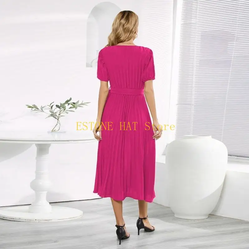 49MF Damska elegancka bufiasta sukienka z krótkim rękawem i dekoltem w kształcie litery V, plisowana, długa sukienka midi z