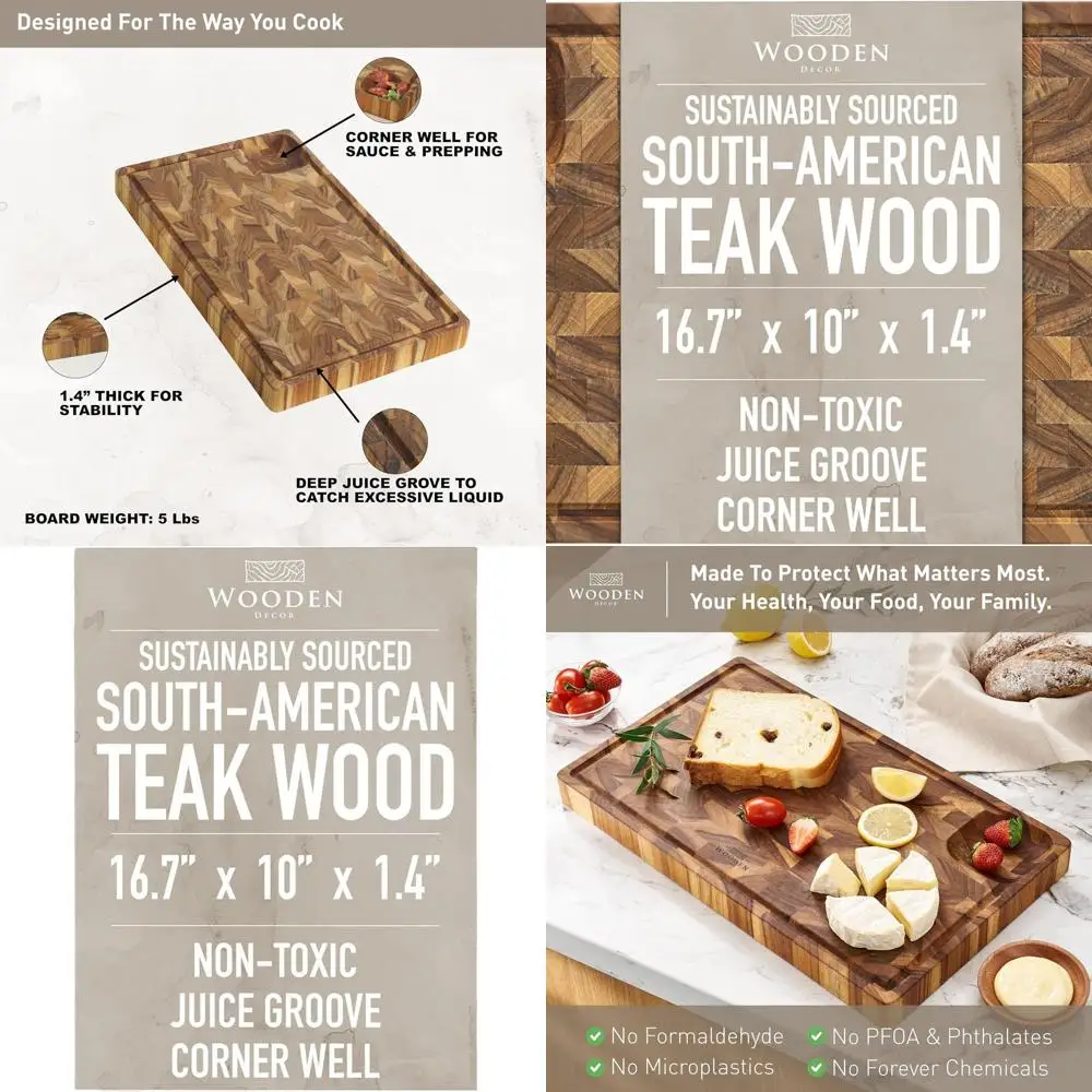 

Large Teak Butcher Block with Juice Groove & Corner Well, Charcuterie Board, Food-Safe, Gift-Ready, 16.7 x 10 x 1.4