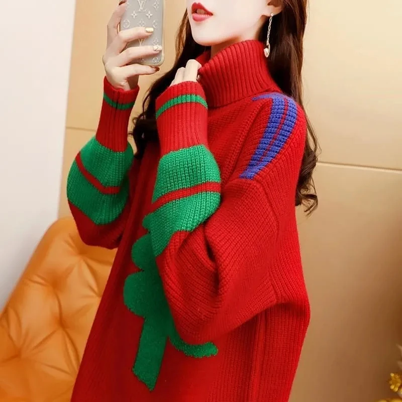 Autumn Winter New Fashion High Collar Long Sleeve Printing Pullovers Women's Clothing Loose Sweater Casual All-match Youth Tops