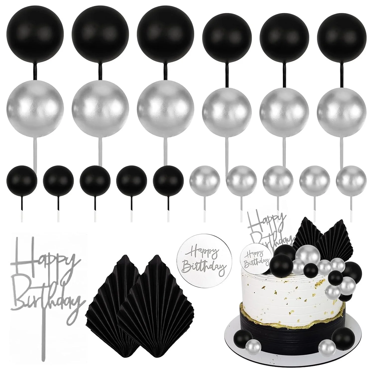 Black Silver Foam Balls Cake Decoration Silver Palm Leaves Cake Decoration for Birthday Wedding Baby Shower Bridal Shower