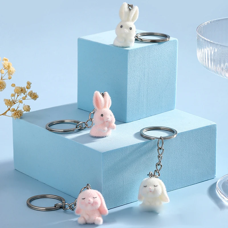 Cute 3D Flocking Rabbit Keychain Resin Animal Couple Mobile Phone Pendant Car Keyring Earphone Backpack Charms Bag Decor