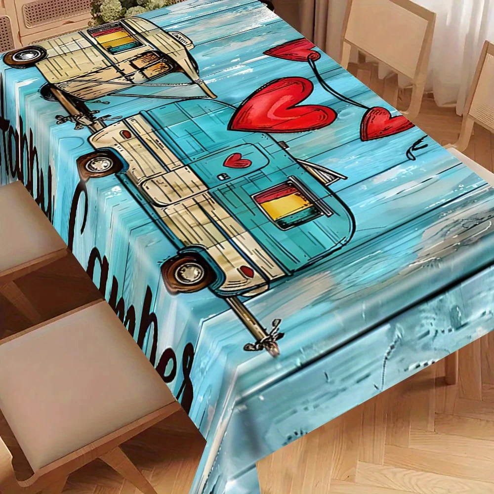 Rectangular tablecloth, cheerful adventure camper van and simple wooden boards, with heart-shaped embellishments printed on them