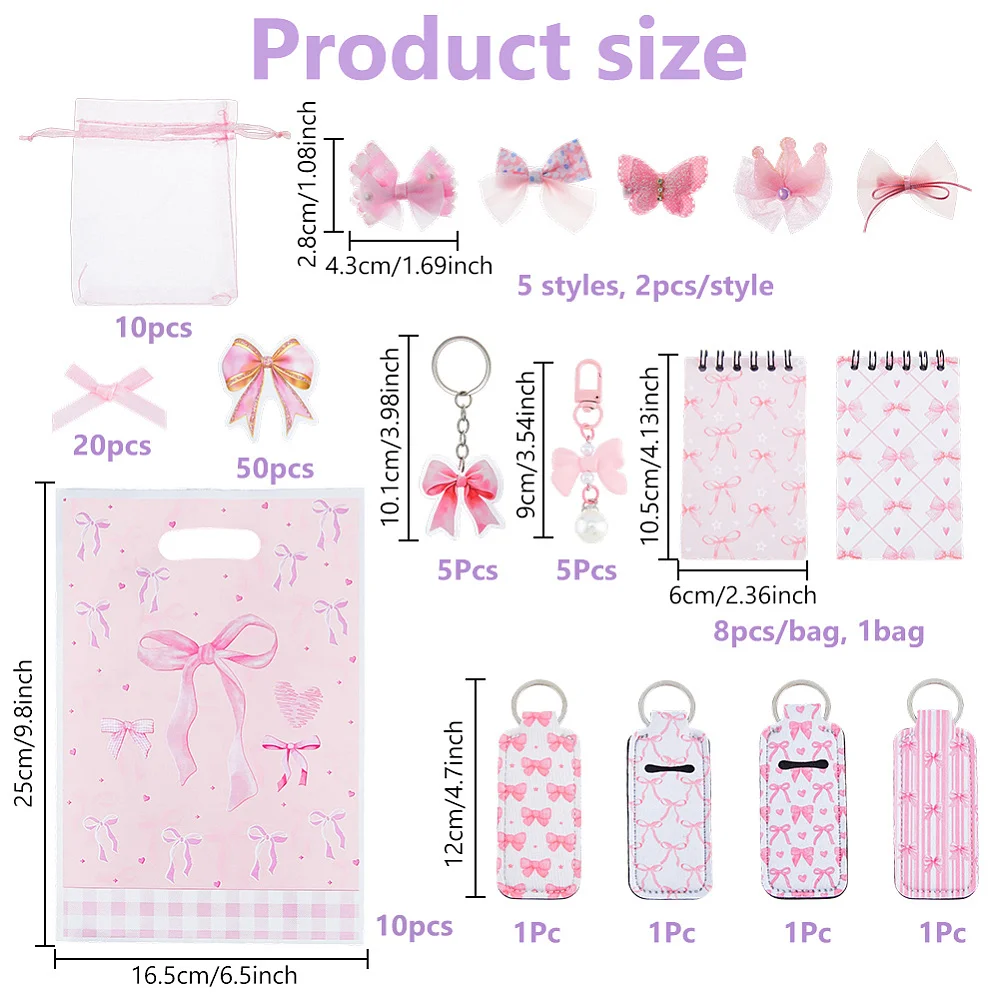 130Pcs Pink Party Favor Including 10Pcs Small Bowkont Hair Clips 8Pcs Notebooks 12Pcs Keychains 10Pcs Keychain 20pcs Gift Bags