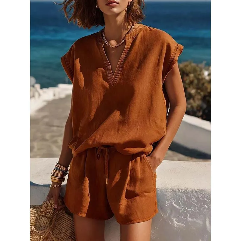 Women's V-neck Short Two-piece Set Sleeved Beach Vacation Style Pullover Top With Lace Up Pockets High Waisted Shorts Casual Set