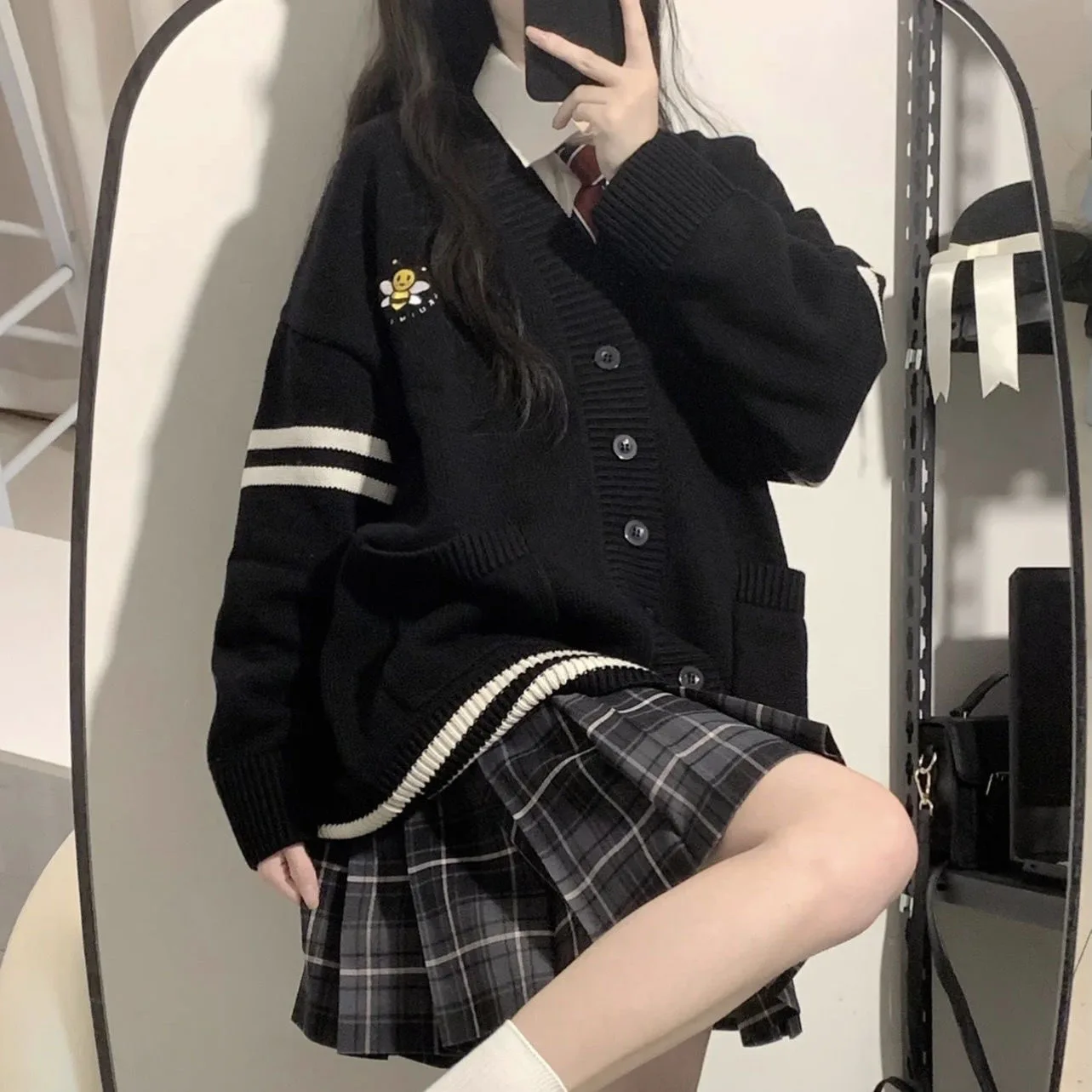 Women's School orm Sle JK Skirt Set Knitted Cardigan Sweater Coat Pleated Skirt Tee Piece Set Student Faion