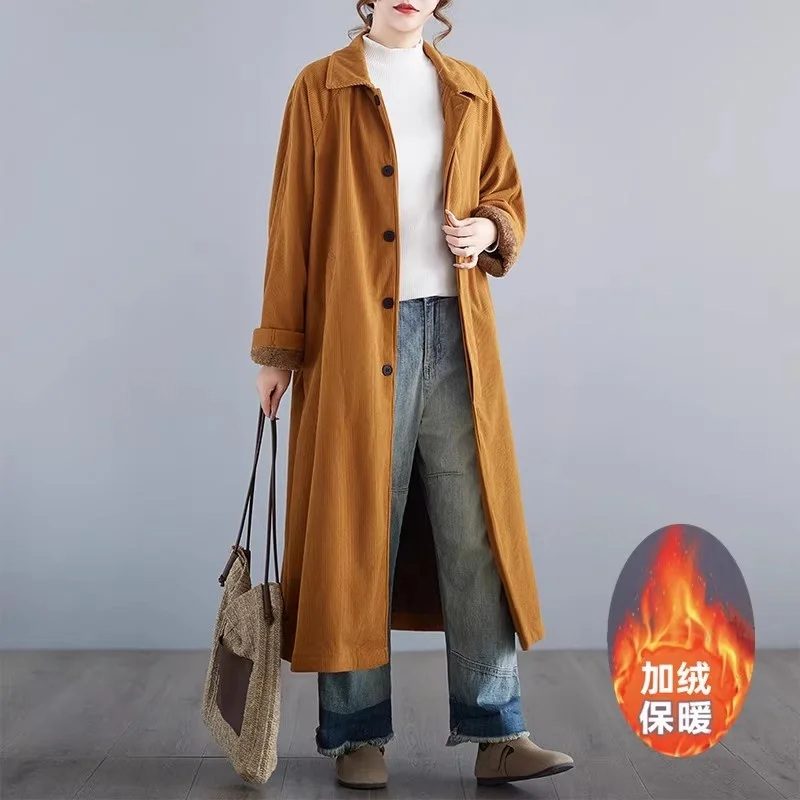 

Large Size Thick Corduroy Warm Jacket For Women In Autumn Winter 2025 Retro Versatile Long Cardigan Fleece Windbreaker w1229