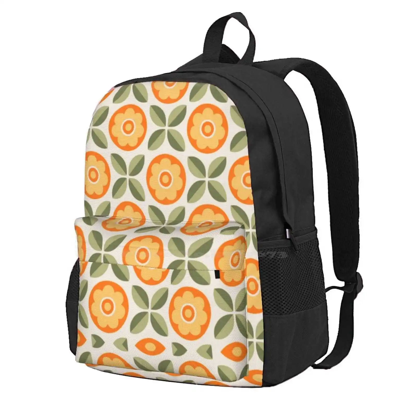 Orange And Green Floral Retro Pattern Hot Sale Schoolbag Backpack Fashion Bags 1950S 1960S 1970S Cover Decorative Fashion Funky