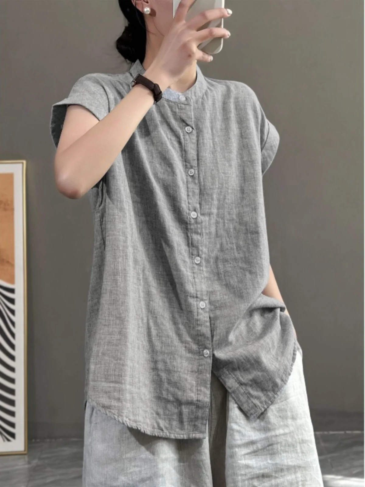 

Японский хлопковый льняной топ ort Sve irt, женский повседневный льняной топ со свободным воротником-стойкой, удобный дышащий летний irt