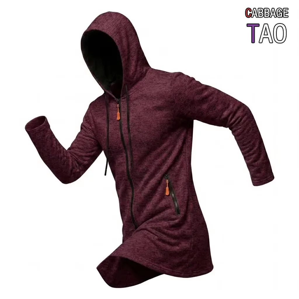 Novo Casaco Masculino com Capuz e Zíper Frontal, Jaqueta Longa de Lã Térmica e Corta-Vento com Compartimentos com Zíper para Uso Externo, Roupa Esport