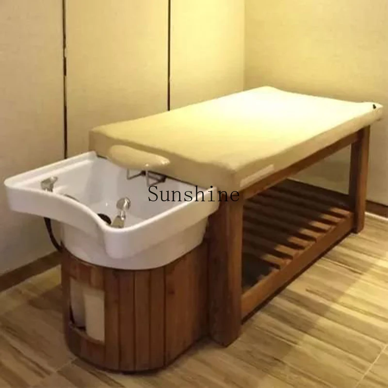 Hair salon shampoo bed full lying high-grade ceramic basin ear picking solid wood flushing bed  FT