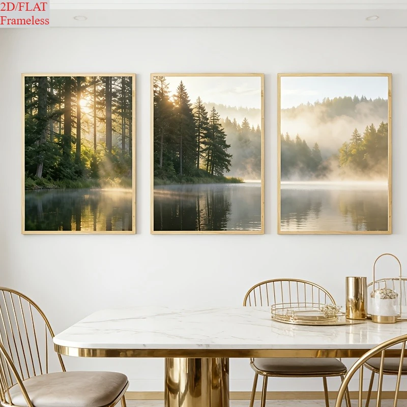 2D Flat, 3pcs Modern Minimalist Nature Landscape Wall Art Prints - Misty Mountain Woodland & Forest Lake Canvas Posters, Fram
